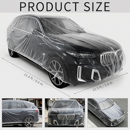 4 Pack Disposable Plastic Car Cover, Universal Clear Rain Dust Garage Cover with Elastic Band, for Indoor Garage Use, Sedans and SUVs, 12 ft x 22 ft