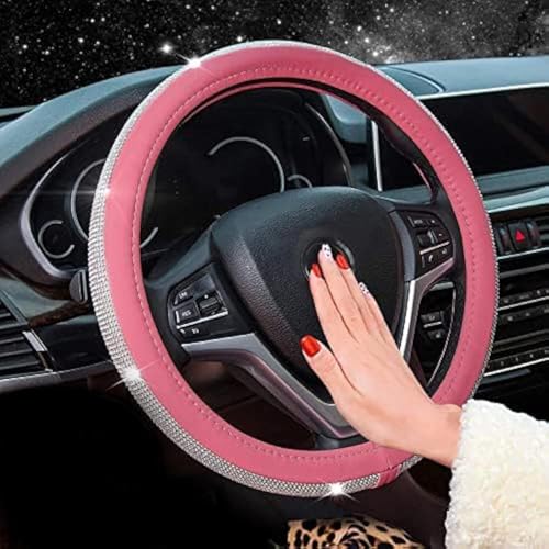 New Diamond Leather Steering Wheel Cover with Bling Bling Crystal Rhinestones, Universal Fit 15 Inch Car Wheel Protector for Women Girls Pink - color: Pink with White Diamonds, size: Standard Size[14"1/2-15"]