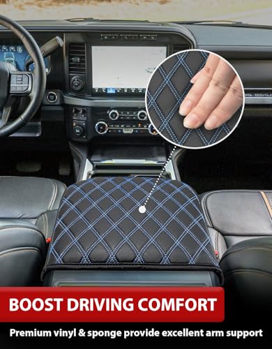 Center Console Armrest Cover for Ford F250 F350 F450 F550 Super Duty 2023 2024 2025 2026, Bucket Seat Console, Arm Rest Lid Box Cushion Pad, Anti-scratch, Black-Blue stitch - size: Bucket Seat, 23-26 F250-F550, Blue Stitch