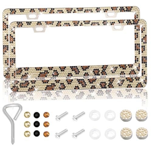 2 Packs Bling License Plate Frames, Bedazzled Sparkly Cute Water Diamond Stainless Steel，Car Accessories with Diamond Sparkle Glitter Caps（Leopard Print） - color: Leopard Print, size: 2