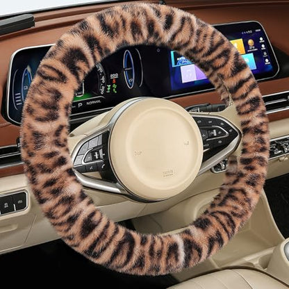 Fluffy Cheetah Car Steering Wheel Cover Luxurious Faux Fur Leopard Print Cute Wheel Protector Universal 15 Inch Fit for Vehicle, Car, Auto, SUV Winter Warm (Ginger) - color: Ginger