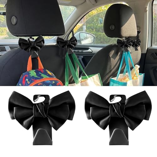 2pc Car Seat Headrest Hooks, Cute Bow Car Purse Hook for Bags, Heavy Duty Hanger for Handbag Grocery Bag Coat, Interior Accessories for Women (Black) - color: Black
