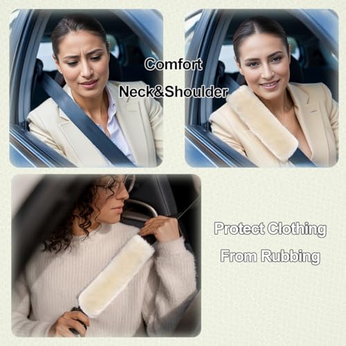 AOGELAN Fluffy Fuzzy Genuine Sheepskin Car Seat Belt Covers for Soft Auto Lambswool Seatbelt Pads, Shoulder Strap Cushion Adults Kids (2, Gray) - color: Gray