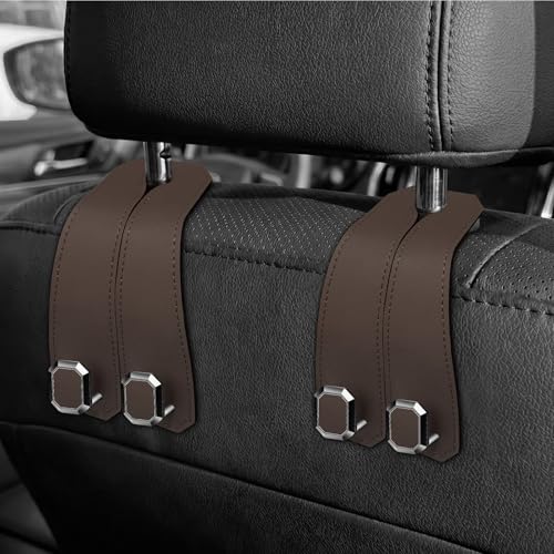 2PCS Car Hooks for Headrest, Faux Leather Purse Hook for Car Seat Back Organizers and Storage, Double Metal Purse Holder Bag Hanger, Universal Car Interior Accessories for Women Man - color: Dark Brown