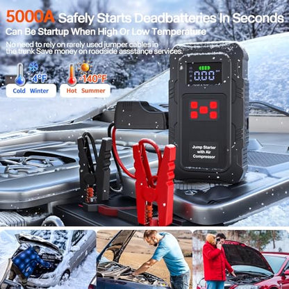 5000A Jump Starter with Air Compressor,A1 Car Jumper Starter with 150PSI Tire Inflator 12V Jump Box with LCD Display,Flashlight,Storage Case (Up 10L Gas/8L Diesel Engine - style: A1