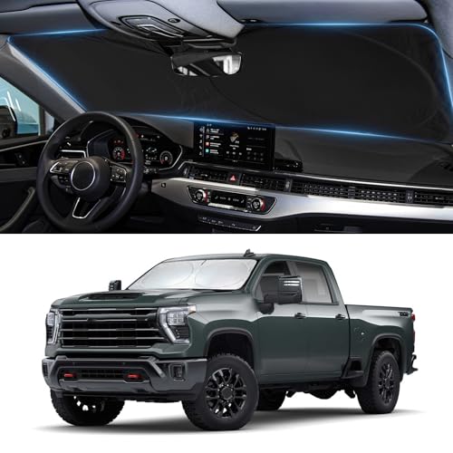 Sun Shade for Chevy Silverado/GMC Sierra Windshield Sunshade for 2019-2025 Sierra 2500 3500 HD, fit Chevrolet Silverado 1500, Regular Cab,2Dr 4Dr Front Window Cover Suncreen Shield Visor - size: Fit Sierra 19-2025