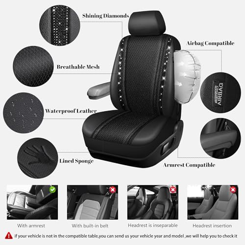 CAR PASS Memory Foam 3D Mesh Bling Diamond Car Seat Cover Full Set Breathable Soft Sponge Universal Shining Glitter Sparkly Crystal Armrest Fit Automotive Truck SUV Cute Women Girl, Black Rhinestone - color: Black Mesh 5, size: Full Set