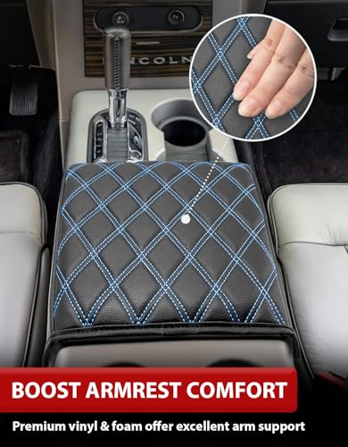 KBH Center Console Armrest Cover for F150 2004-2014, Lincoln Mark LT 2006-2008, Ford Expedition 2007-2017, Arm Rest Lid Covering, Anti-Scratch, Black-Blue Stitch (Fits Bucket Seat Console Only) - size: Bucket Seat, 04-14 F150, Blue Stitch