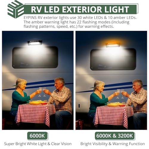 EYPINS RV Exterior Porch Light - Aluminum 40LED 10-48V 60W 6000LM Super Bright White Camping Light with 6 Amber Warning Flash Modes, IP65 Waterproof Porch Lights for Trailers Campers Motorhome SUV