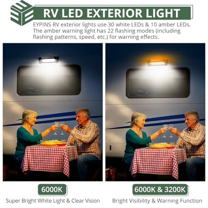 EYPINS RV Exterior Porch Light - Aluminum 40LED 10-48V 60W 6000LM Super Bright White Camping Light with 6 Amber Warning Flash Modes, IP65 Waterproof Porch Lights for Trailers Campers Motorhome SUV