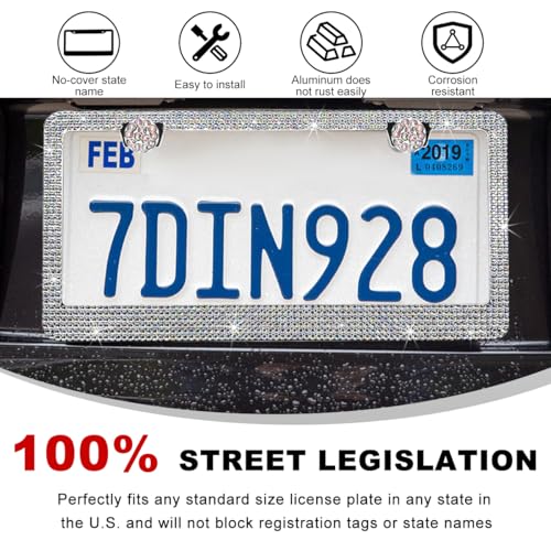 DXNQ 2PCS Bling License Plate Frame, Sparkly Rhinestone Diamond License Plate Cover with Crystal Screws Caps, Glitter Crystal Stainless Steel License Plate Holder for Women (AB) - color: AB, 2PCS