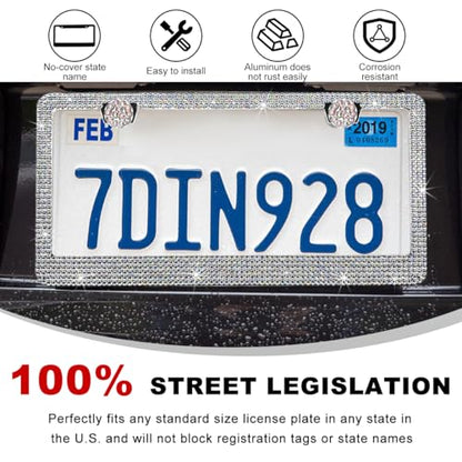 DXNQ 2PCS Bling License Plate Frame, Sparkly Rhinestone Diamond License Plate Cover with Crystal Screws Caps, Glitter Crystal Stainless Steel License Plate Holder for Women (AB) - color: AB, 2PCS