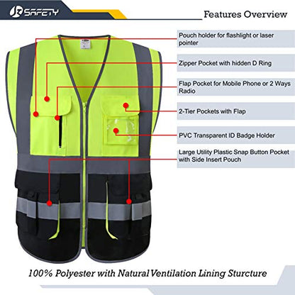 JKSafety 7 Pockets High Visibility Zipper Front Safety Vest With Reflective Strips.Meets ANSI/ISEA Standards (130-Yellow-Black XL) - color: Yellow-black, size: X-Large