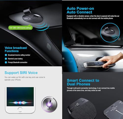 Hands Free Car Speakerphone Kit Bluetooth 5.0 Wireless Vehicle BT Handsfree Hands-Free Microphone Sun Visor Music Player with Mic