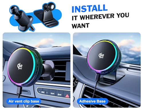 25W MagSafe Compatible Car Mount Charger with Air-Cooled, 3500gf Magnetic Phone Holder for iPhone and Android, Dash Air Vent with Rainbow Ambient Light Valentines Day Gifts