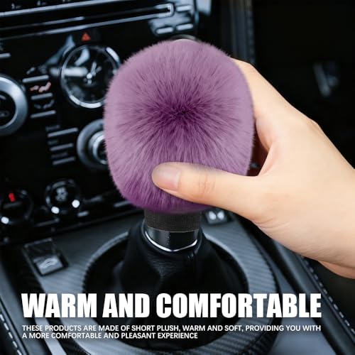 2PCS Plush Car Gear Shift Knob Cover & Handbrake Cover, Shift Knob Protector, Soft Fluffy Gear Handbrake Protective Sleeves, Shifter Lever Brake Handle Warm Plush Set for Cars (Grape Purple) - color: Grape Purple