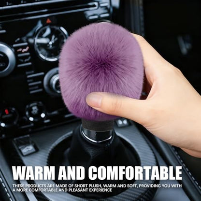 2PCS Plush Car Gear Shift Knob Cover & Handbrake Cover, Shift Knob Protector, Soft Fluffy Gear Handbrake Protective Sleeves, Shifter Lever Brake Handle Warm Plush Set for Cars (Grape Purple) - color: Grape Purple
