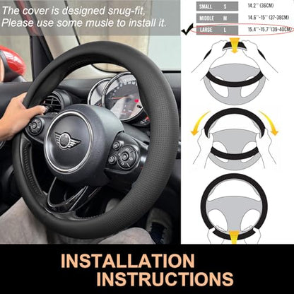PINCTROT Large Size Nappa Leather Steering Wheel Cover, Slim Fit No Bulk Design, One Piece Leather with Breathable Perforation, Fit Like Gloves, 15.5-15.75 Inch(Nappa Black) - color: 01.Black, size: Large Size[15 1/2''-15 3/4'']