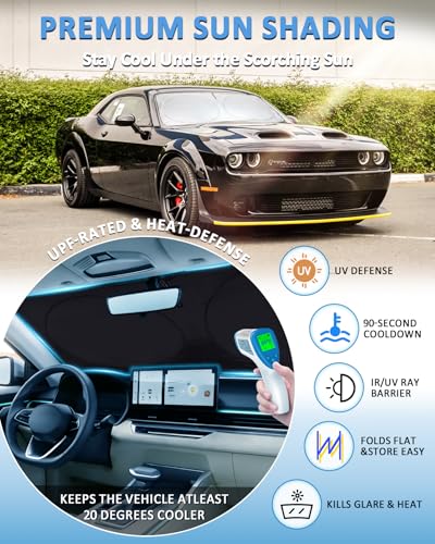 Sun Shade for Challenger Windshield Sunshade for 2015-2023 Dodge Challenger Accessories Coupe,SRT Hellcat,Redeye,GT,RT,TA Coupe,Widebody,SXT,RT Scat Pack Front Window Cover Shield Visor Protector - size: Fit Challenger 15-23