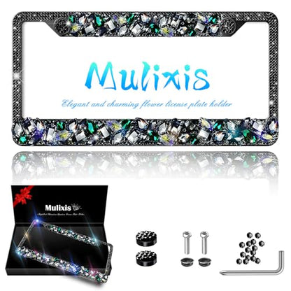 1 Pack Black Bling License Plate Frames for Women Sparkly Rhinestone Diamond Car Accessories with Glitter Crystal Caps Stainless Steel Frame - High-End Gift Box Packaging - color: CPJ-LBJG-002 black gem 1pcs