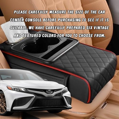 Car Armrest Cushion, 5 in 1 Center Console Cover with 2 Cup Holders, Phone Holder, Tissue Holder, Storage Bag, Multifunctional Leather Heightened Car Armrest Cushion for Most Cars - color: Black&Red
