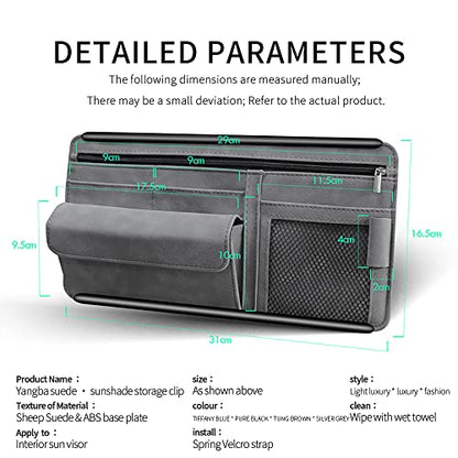 Car Sun Visor Organizer - Glasses Case, Note Holder, Suede Zipper, Card Holder - Gray - color: gray