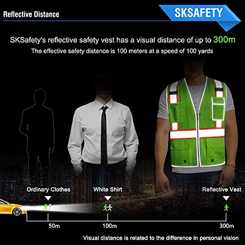SKSAFETY 10 Pockets Safety Vest, Class 2 High Visibility Security with Zipper Double-sided mesh, Hi Vis Vest with Reflective Strips, ANSI/ISEA Standard, Construction Work Vest （Lime, XL） - color: Yellow Mesh, size: X-Large