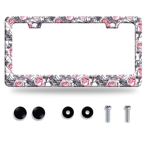 Roses Spider Web License Plate Frame Beautiful Floral License Plate Stainless Steel Auto Parts Funny License Plate Decorative with Screws Size 12.3" x 6.3" - color: Roses spider web