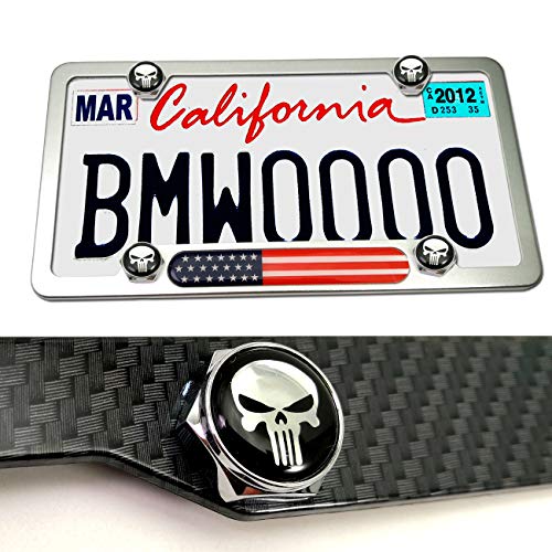 Aootf License Plate Screw Bolt Caps- Logo Billet Metal Car License Plate Bolts Frame Screw Cover with Black Skull Sticker, License Plate Frame Security Fastener Kit with Anti-Rattle Foam Pads - color: Skull Screws