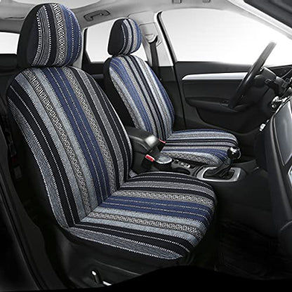 Baja Saddle Blanket Car Seat Covers 4PCS Front, Breathable and Washable Striped Woven Automotive Vehicle Universal Seat Cover for Sedan, SUV, Truck, Airbag Compatible - color: Blue Baja, size: Front