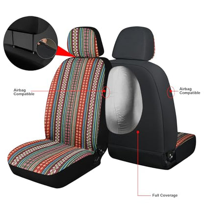 Baja Saddle Blanket Car Seat Covers, Boho Striped Woven Front Seat Protectors, Breathable & Washable Interior Covers, Universal Fit for Most Cars SUVs Trucks, Airbag Compatible, Flower, 8 pcs. - color: FLOWER&RED