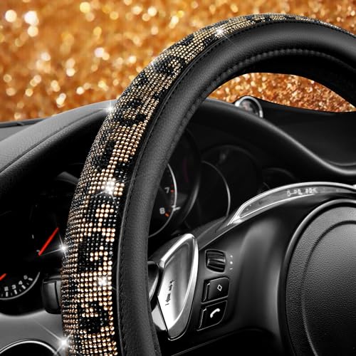 CAR PASS Bling Diamond Steering Wheel Cover Leopard Pattern, Sparkly Crystal Glitter Rhinestones Black Leather Wheel Protect for Women Girl Fit Suvs,Vans,Sedans,Cars,Trucks, 14" 1/2-15" Gold Leopard - color: Leopard Diamond