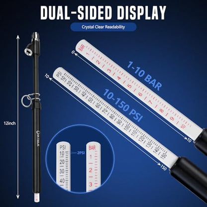 2-Pack Heavy Duty Dual Head Tire Pressure Gauge (10-150 PSI, 1-10 Bar) for Semi Trucks, RVs, Cars, Motorcycles - 12 Inch - color: 2PCS