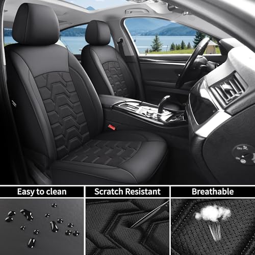 Memory Foam Leather Car Seat Covers, Breathable Air Cool Mesh Front Seat Protectors, Airbag Compatible Automative Comfortable Accessories, Universal Fit for Most Cars SUVs Trucks, Black, 4pcs.