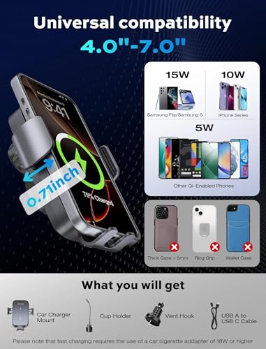 Dual Coil Cup Phone Mount Wireless Charger, Universal Cell Phone Holder, Cup Holder 15W Fast Charging for iPhone 17 16 Pro Max, Samsung Galaxy - Black - style: Wireless Charger Mount
