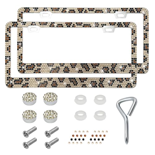 DXNQ 2PCS Bling License Plate Frame, Sparkly Rhinestone Diamond License Plate Cover with Crystal Screws Caps, Glitter Crystal Stainless Steel License Plate Holder for Women (Leopard) - color: Leopard, 2PCS