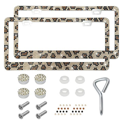 DXNQ 2PCS Bling License Plate Frame, Sparkly Rhinestone Diamond License Plate Cover with Crystal Screws Caps, Glitter Crystal Stainless Steel License Plate Holder for Women (Leopard) - color: Leopard, 2PCS