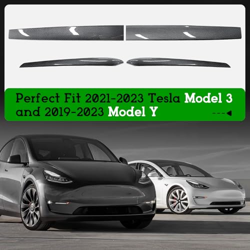 Dashboard & Door Trim Cover Wrap for Tesla Model Y 2019-2024, Model 3 2021-2023 -Gloss Carbon Fiber Pattern ABS 4PCS Interior Armrest Panel Protection Kit, Adhesive Style Upgrade - color: Gloss Carbon Fiber