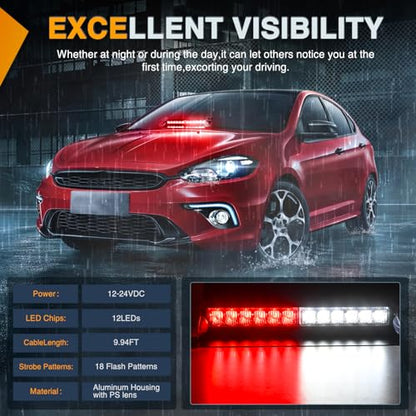 Nilight 12LED Traffic Advisor Strobe Light Bar Red White Emergency Warning Hazard Safety Dash Front/Rear Windshield Flashing Lights for Cars Trucks Police Firefighter Plow Construction Vehicles - color: Red White