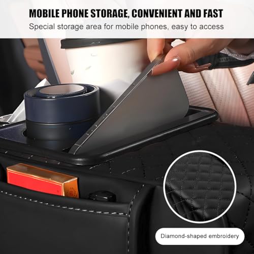 Car Armrest Cushion, 5-in-1 Nappa Leather Vehicle Centre Console Cover with 2 Storage Pockets, Cup Phone & Phone Holder, Multifunctional Auto Organiser Accessories, Universal Fit (Black) - color: Black