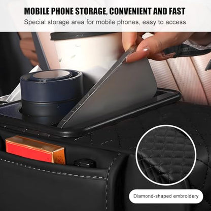 Car Armrest Cushion, 5-in-1 Nappa Leather Vehicle Centre Console Cover with 2 Storage Pockets, Cup Phone & Phone Holder, Multifunctional Auto Organiser Accessories, Universal Fit (Black) - color: Black