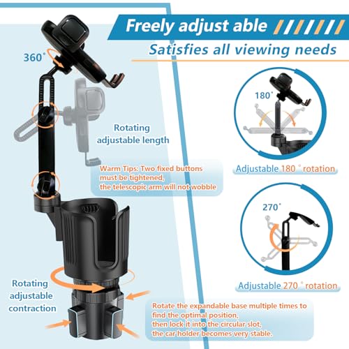2 in 1 Phone Holders for Your Car, 360°Rotation Car Phone Holder Phone Mount for Car with Expandable Base Car Cup Holder Phone Holder Phone Mount Extendable Long Arm for All Smartphone - color: Extra Large-Black