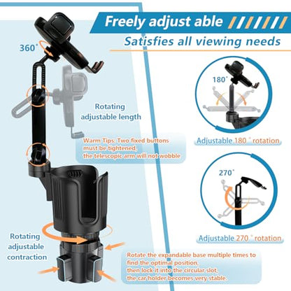 2 in 1 Phone Holders for Your Car, 360°Rotation Car Phone Holder Phone Mount for Car with Expandable Base Car Cup Holder Phone Holder Phone Mount Extendable Long Arm for All Smartphone - color: Extra Large-Black