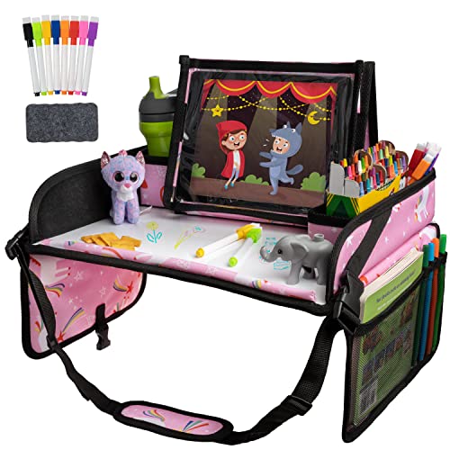 Lusso Gear Travel Car Seat Tray - Dry Erase Board & Secure Tablet Holder for Toddler Travel - Durable 600D Oxford Cloth with Snack & Toy Compartments for Road Trip Essentials for Kids - Pink Unicorn - color: - Pink Unicorns