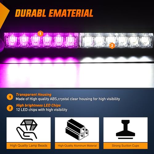 Nilight 12LED Traffic Advisor Strobe Light Bar Purple White Emergency Warning Hazard Safety Dash Front/Rear Windshield Flashing Lights for Cars Trucks Police Firefighter Plow Construction Vehicles - color: Purple White