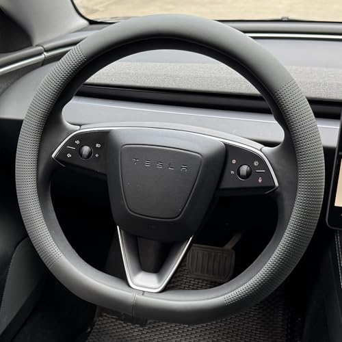 PINCTROT Nappa Leather Steering Wheel Cover for Tesla Model Y/3 Highland/Juniper, D Shaped 14 Inch Small Sized with Breathable Perforation, Fit Like Gloves, Flat Bottom 14 Inch(Nappa Dark Gray) - color: 05.Dark Gray, size: Small D Shaped/Flat Bottom[14''-