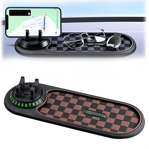 Multifunction Car Anti-Slip Mat, 2026 Upgraded Rotatable Anti Skid Car Dashboard Pad with Temporary Parking Numbe, Car Accessories for Phones Sunglasses Keys Gadgets (Brown) - color: Brown