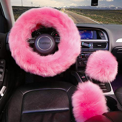 Yontree Fashion Fluffy Steering Wheel Covers for Women/Girls/Ladies/Men Australia Pure Wool Universal 15 Inch 1 Set 3 Pcs (Pink) - color: Pink, size: Long Wool