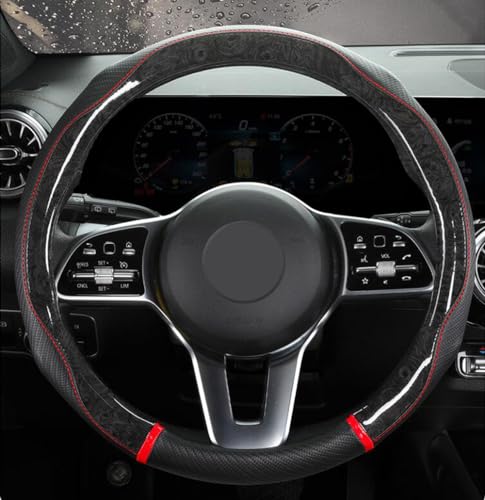 Peach Wood Grain Steering Wheel Cover Anti-Slip Breathable Durable Leather Four Seasons Universal 15 Inch Car Wrap Cover (Black-Red) - color: Black-Red