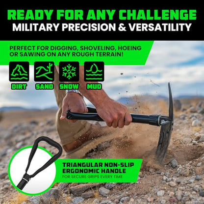 RHINO USA Folding Survival Shovel w/Pick - Heavy Duty Carbon Steel Military Style Entrenching Tool for Off Road, Camping, Gardening, Beach, Digging Dirt, Sand, Mud & Snow. - size: Military 22" E-tool